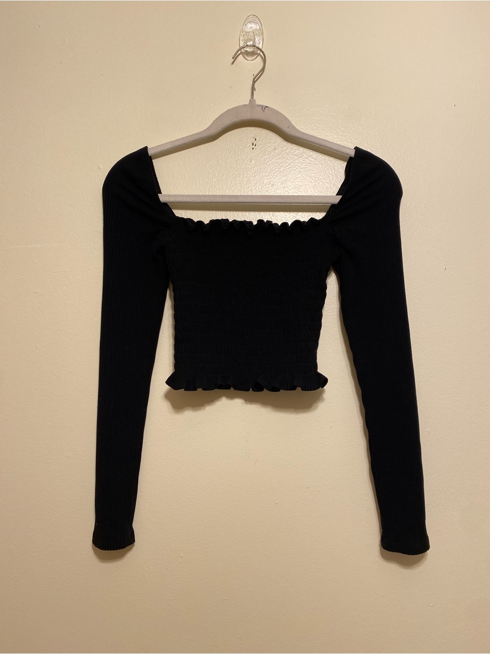 Reformation Jeans  Black Ribbed Smocked Off-Shoulder Long Sleeve Crop Top Size S